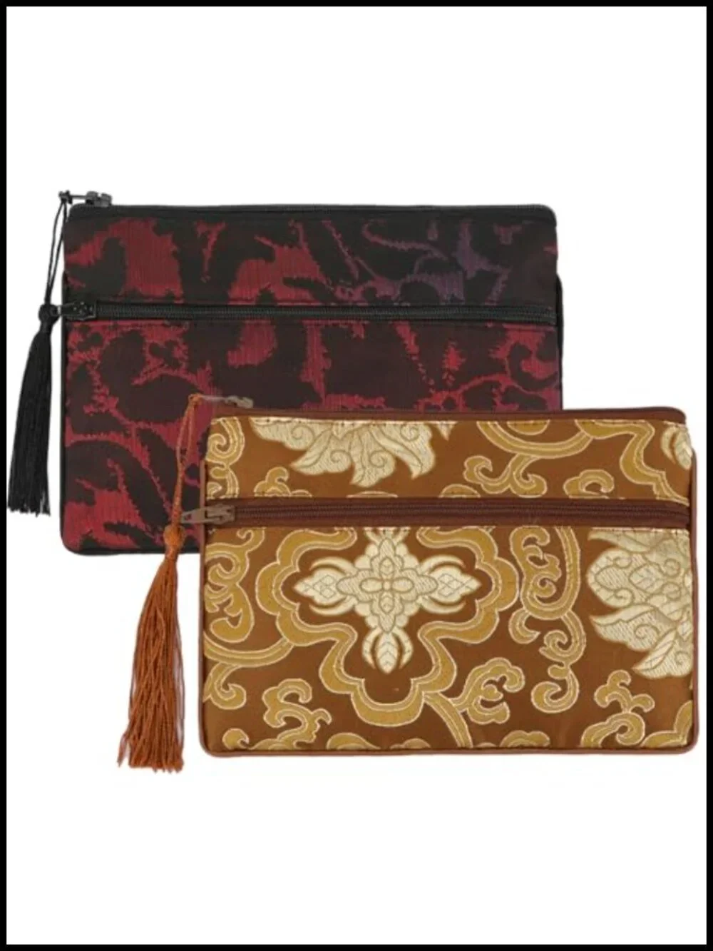 2-Piece Chinese Silk Brocade Jewelry Bags with Zipper Compartments, Tassel Gift